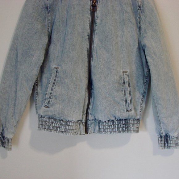 American Eagle Denim Faux Fur Lined Bomber Jacket Size Small - Picture 6 of 16